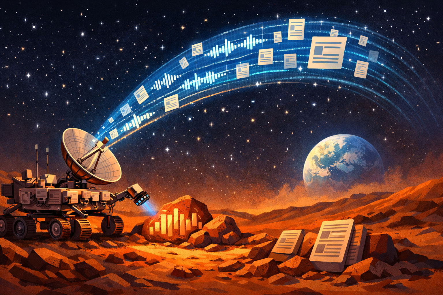 A Mars rover on an alien landscape transmitting streams of data — documents, waveforms, and summaries — toward Earth on the horizon