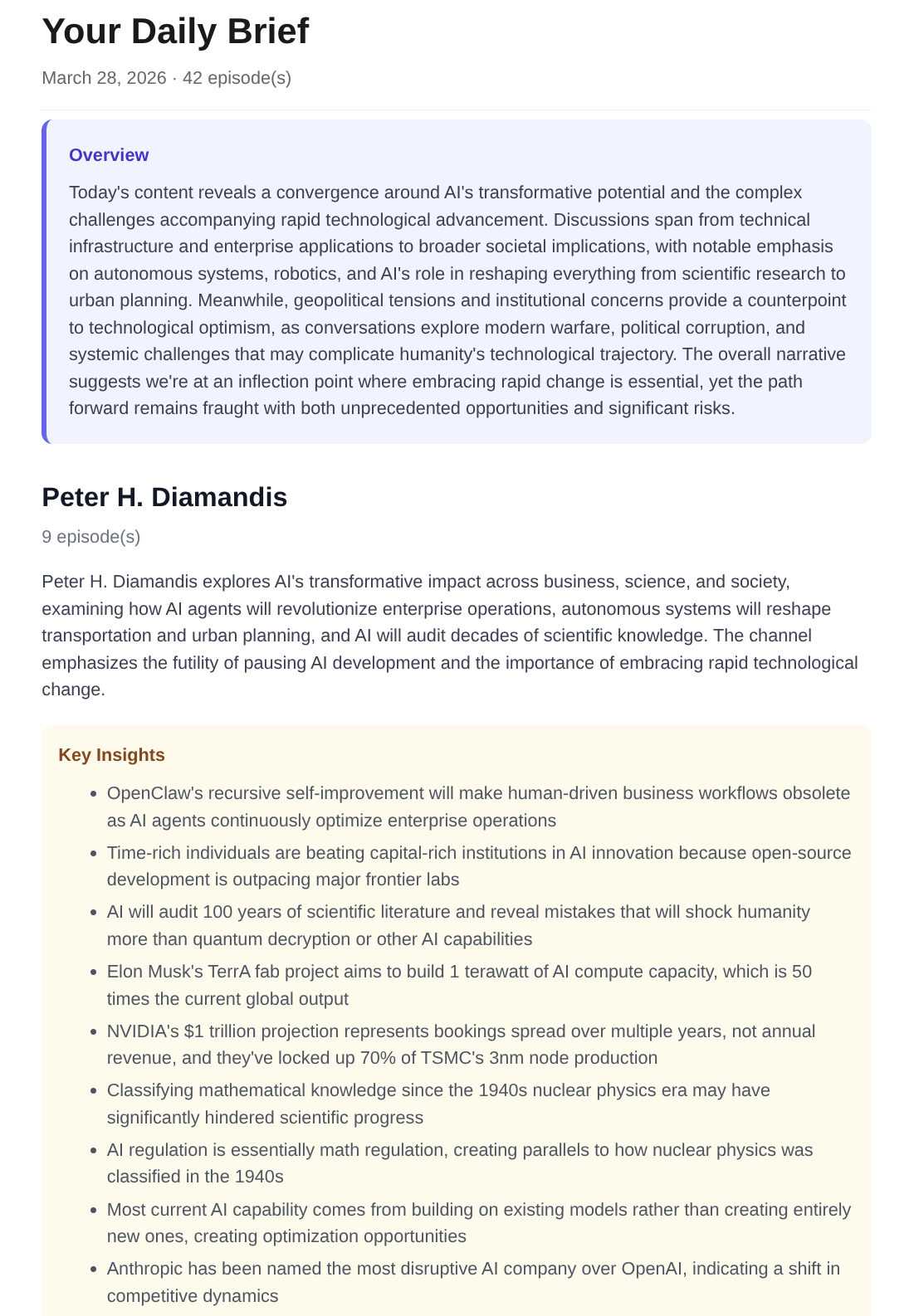 MurmurCast daily brief email showing AI-generated overview, key insights, and episode summaries from subscribed YouTube channels